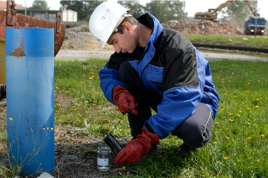 A man collecting samples from an exploratory well